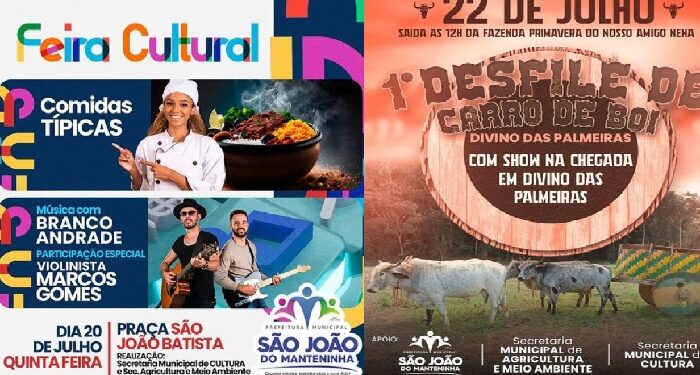 Feira Cultural Dia 20, (quinta), em São João do Manteninha; 1º Desfile de Carro de Boi Dia 22, (sábado), em Divino das Palmeiras