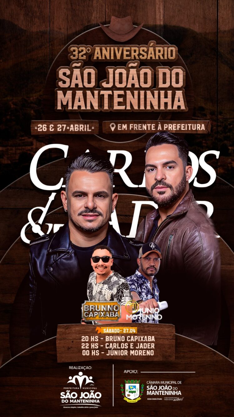 26 e 27 de abril! Mariana Fagundes e a dupla Carlos e Jader são atrações especiais no 32º aniversário de São João do Manteninha