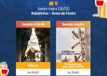 Sextou, (20), Cinema Itinerante com duas sessões na área de Festa em Itabirinha, Klaus, às 19:30 e O menino que descobriu o vento, às 21:00 hrs