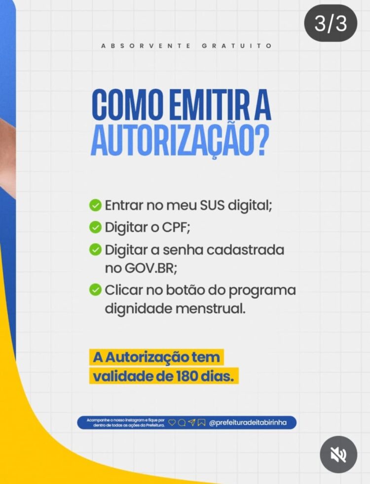 Absorvente gratuito para pessoas inscritas no CADÚNICO em Itabirinha 