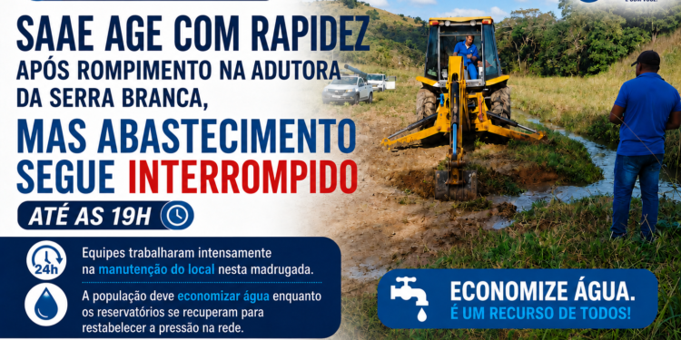 SAAE age com rapidez após rompimento na Adutora da Serra Branca, mas abastecimento segue interrompido até as 19h